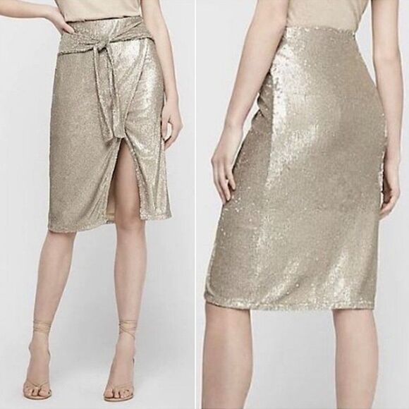 Express Skirt Sequin High Waisted Tie Front Champagne Large NWT - Picture 1 of 5